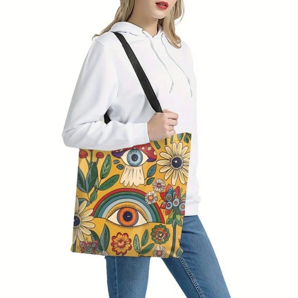 Rainbow mushroom eye floral tote bag